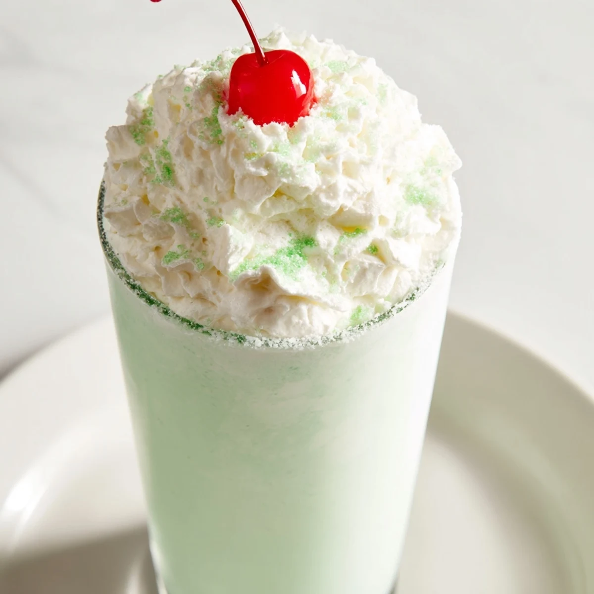 Thick, creamy Shamrock Shake with Whipped Cream topped high with fluffy vanilla whipped cream and vibrant green minty swirls.  