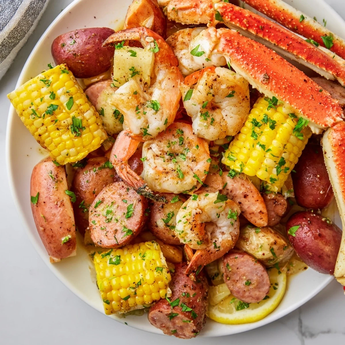 Steaming Creole Seafood Boil with corn and potatoes, served family-style on a platter.