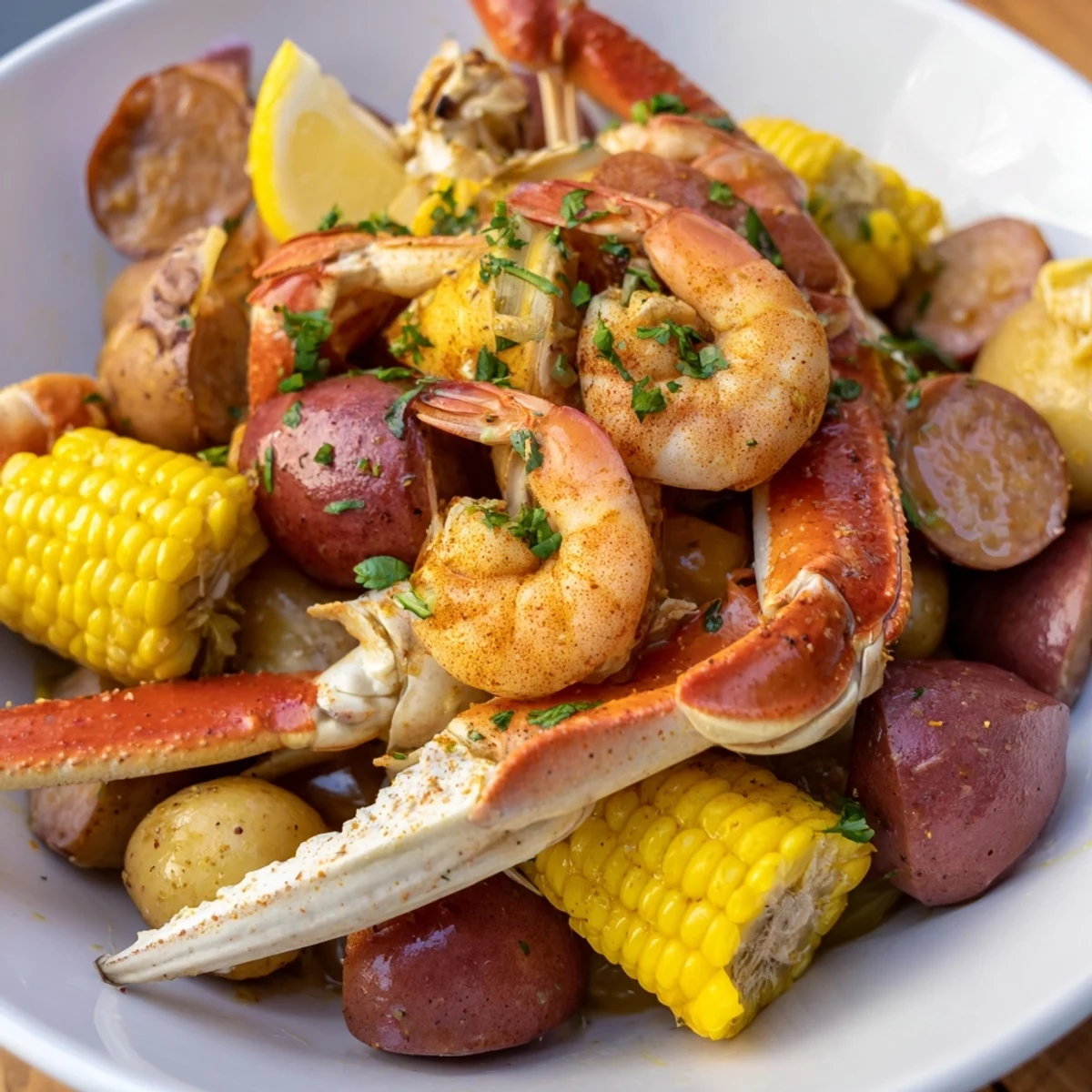 Zesty Creole Seafood Boil with crab legs and andouille sausage, drizzled with melted butter.