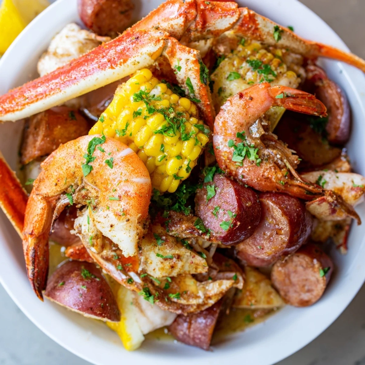 Hearty Creole Seafood Boil with shrimp, potatoes, and corn, seasoned with Cajun spices on newspaper.