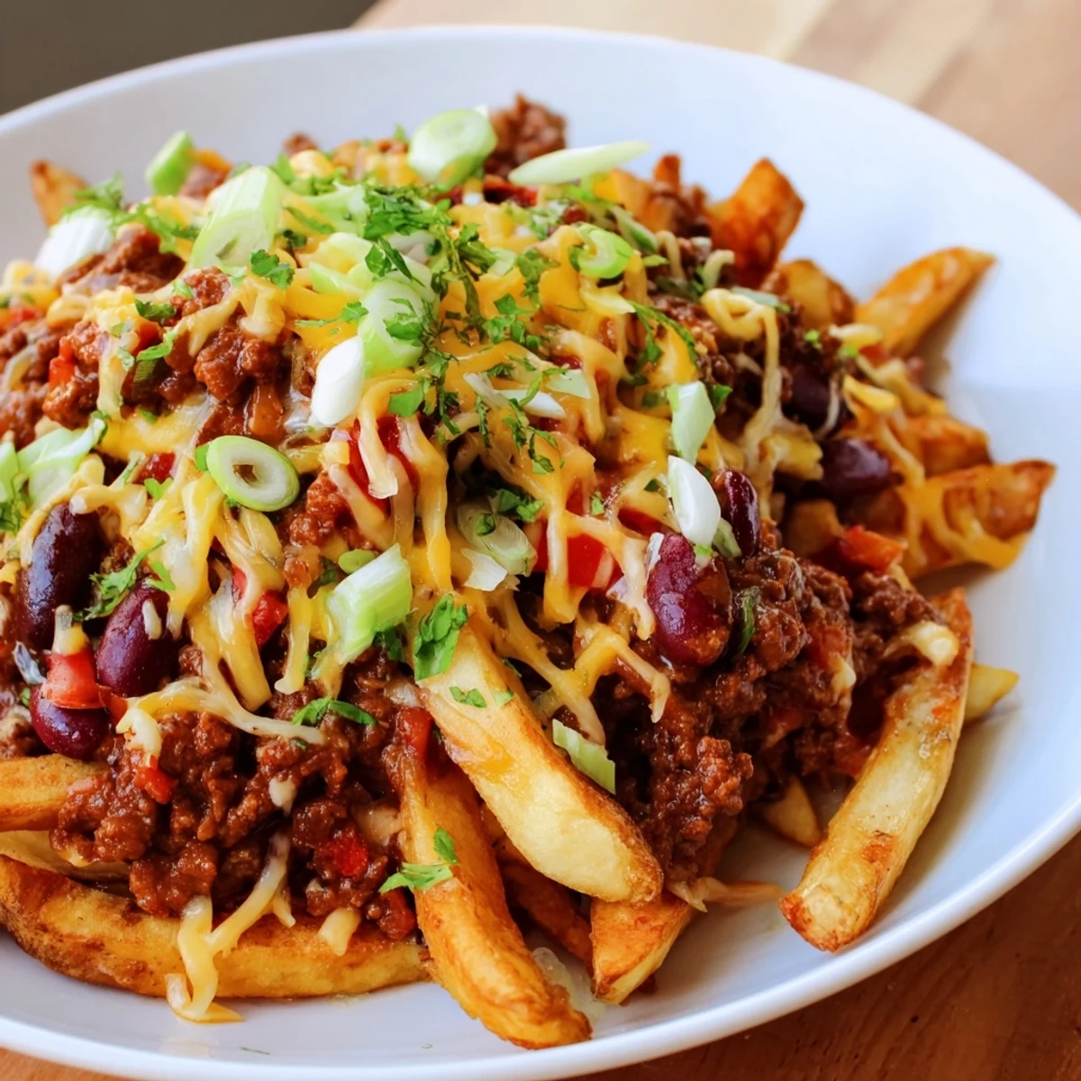 A close-up view of bubbling, cheesy Super Bowl Chili Cheese Fries served in a skillet, garnished with fresh green onions and parsley for a vibrant appetizer.  