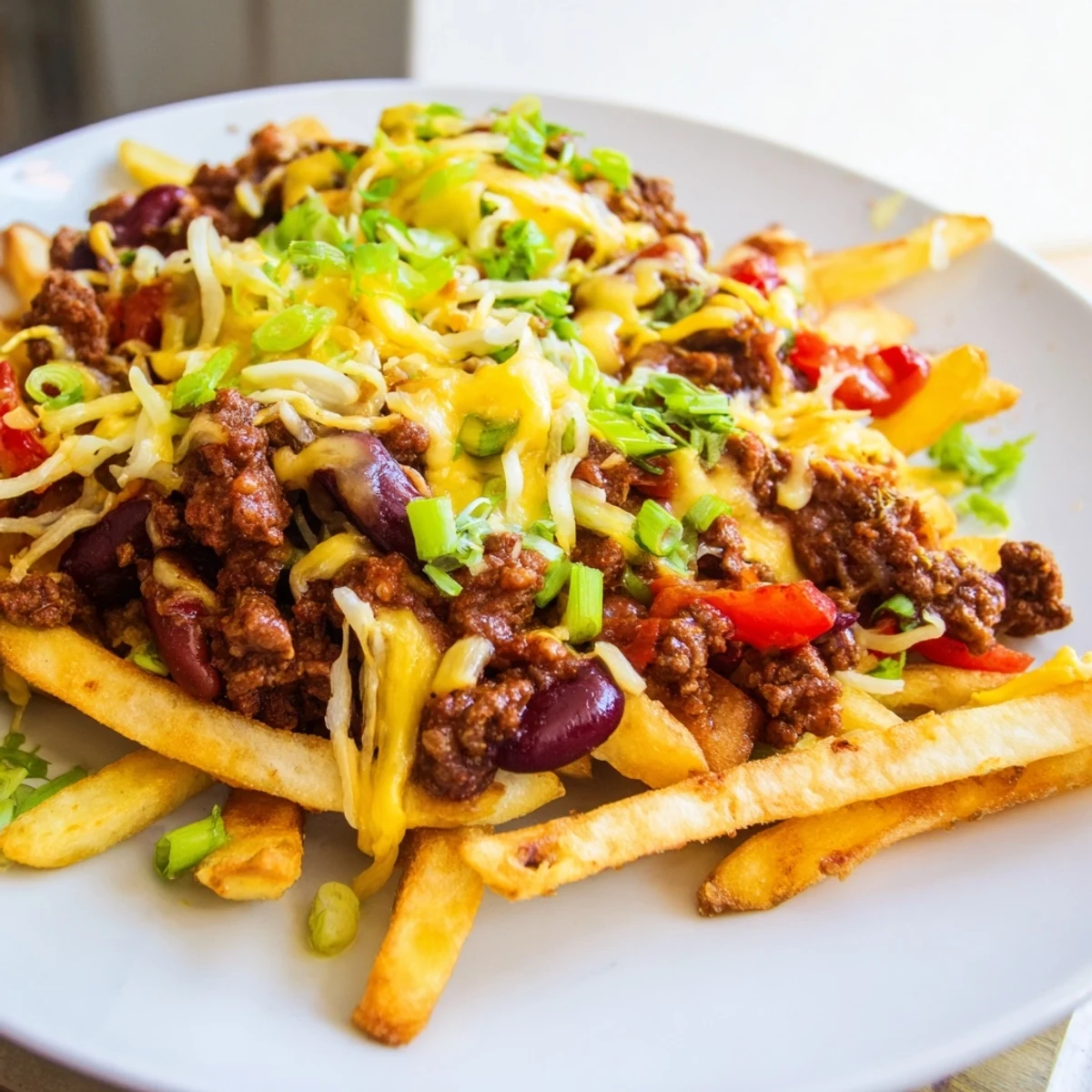 Hearty, savory Super Bowl Chili Cheese Fries with a generous scoop of halal beef chili, melty cheese, and crispy potato wedges, ready for game day snacking.