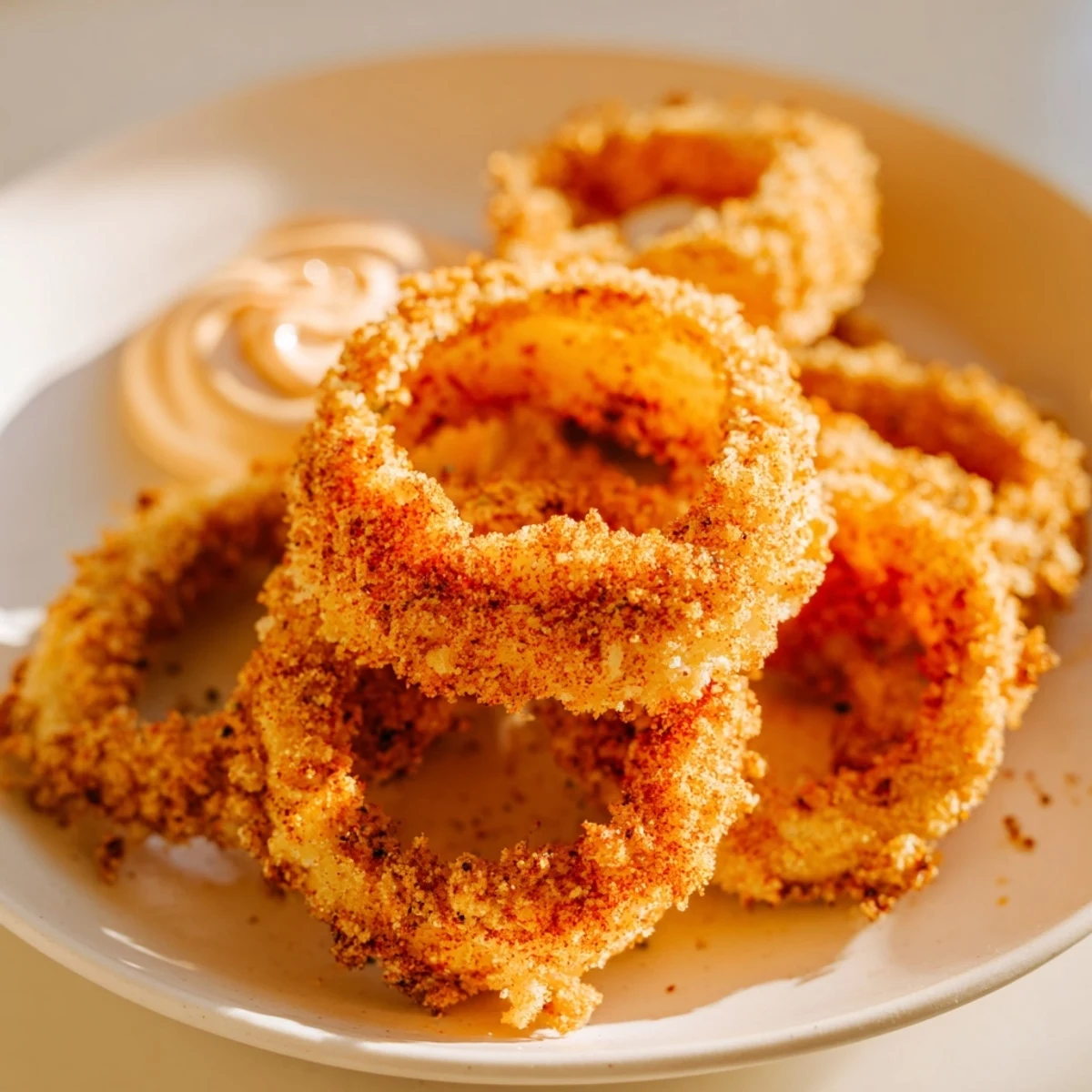 Golden, crispy Crispy Air Fryer Onion Rings with Spicy Mayo arranged on a plate, showing their crunchy texture.