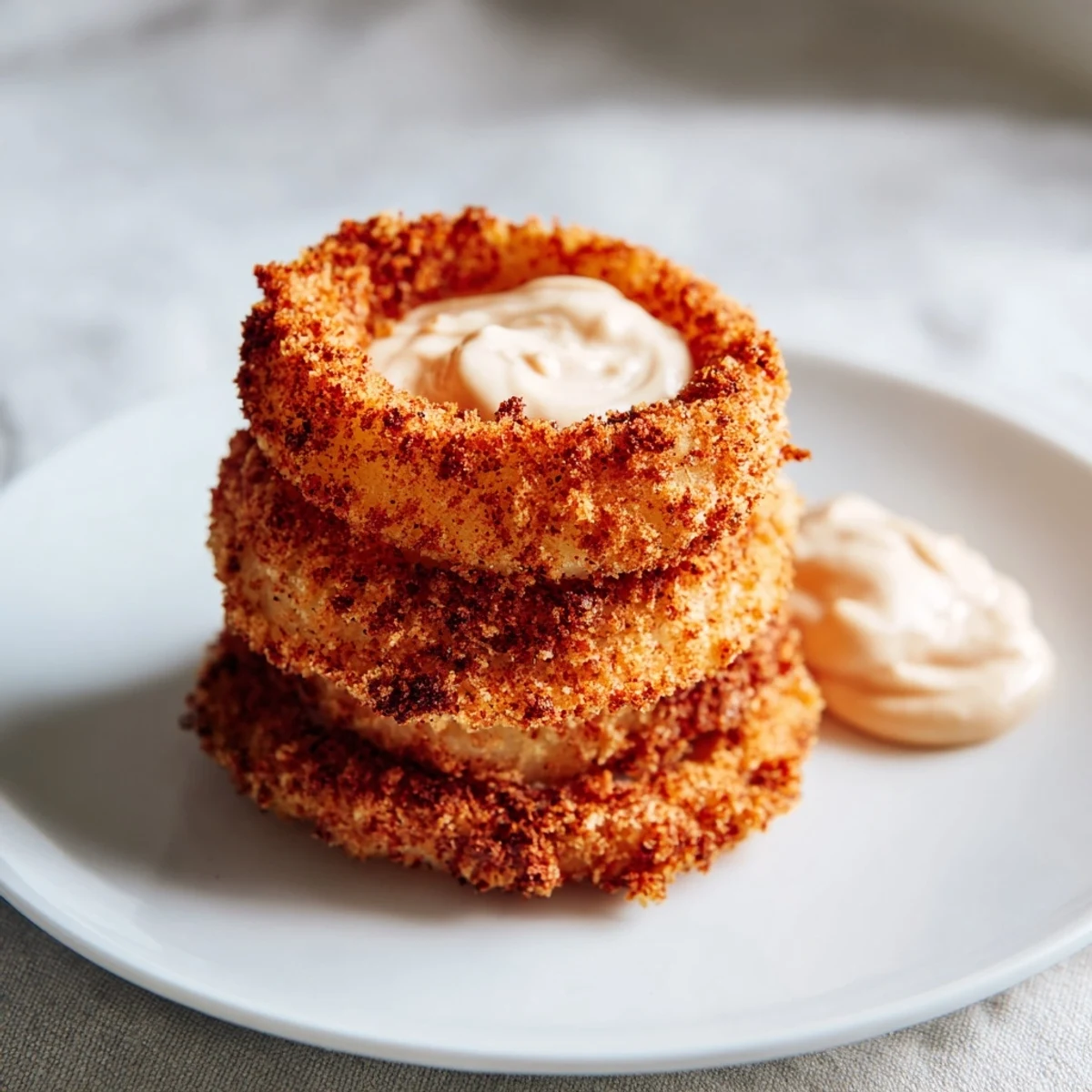 A close-up of Crispy Air Fryer Onion Rings with Spicy Mayo, revealing steamy interiors and golden breading.