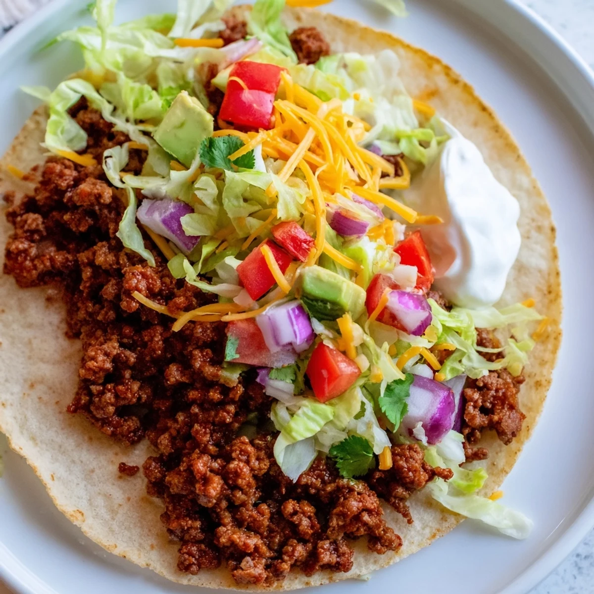 Juicy ground beef simmered in homemade seasoning fills warm corn tortillas, topped with crisp lettuce, diced tomatoes, and shredded cheese for a flavorful taco night.