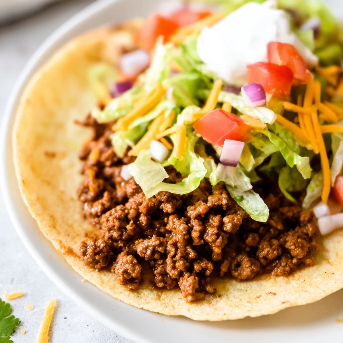 A close-up of Beef Tacos with Homemade Seasoning shows seasoned meat and fresh toppings like avocado and cilantro on soft, golden-brown tortilla shells.