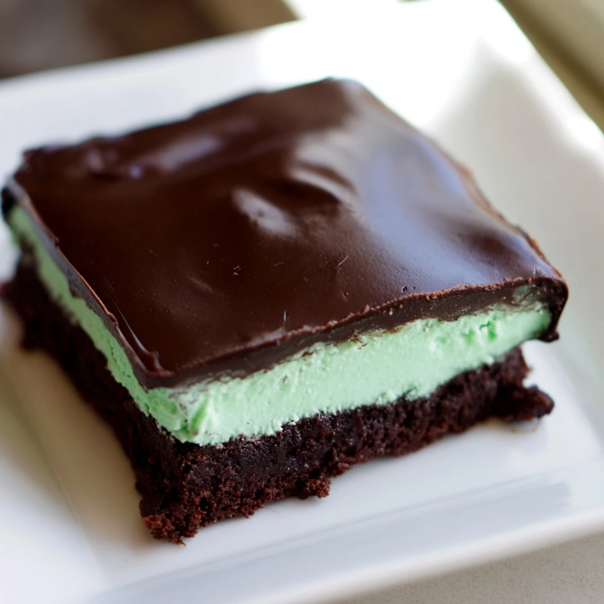 A rectangular slice of Shamrock Mint Brownies with Chocolate Ganache resting on a white plate, ready to be served.