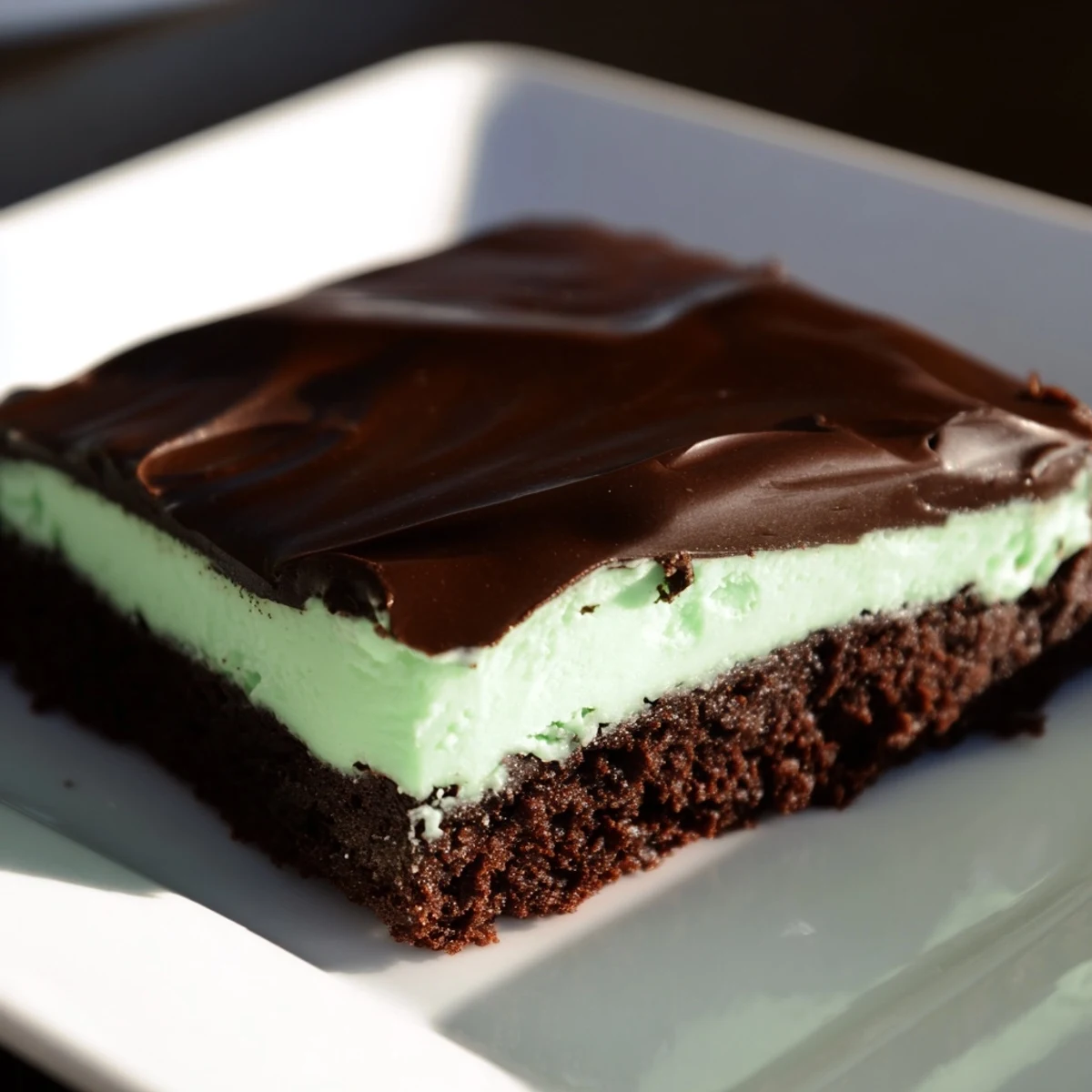 A top-down view of Shamrock Mint Brownies with Chocolate Ganache arranged on a rustic wooden board, perfect for St. Patrick's Day.
