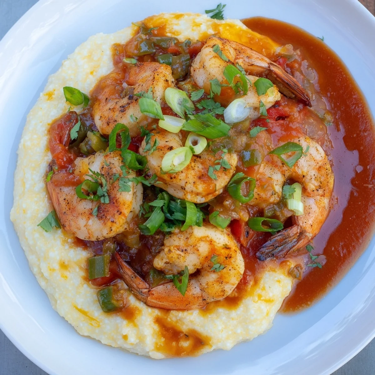 A top-down view of a hearty Creole Shrimp and Grits with Tomato Gravy bowl, featuring pink shrimp nestled on creamy cheddar grits.