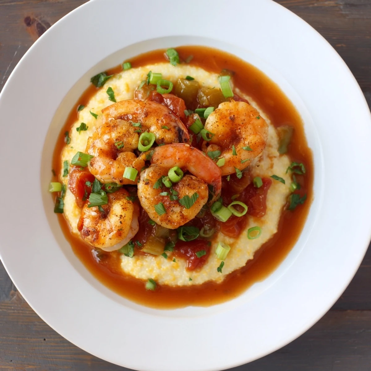 Steam rises from a serving of Creole Shrimp and Grits with Tomato Gravy, garnished with fresh green onions and parsley.