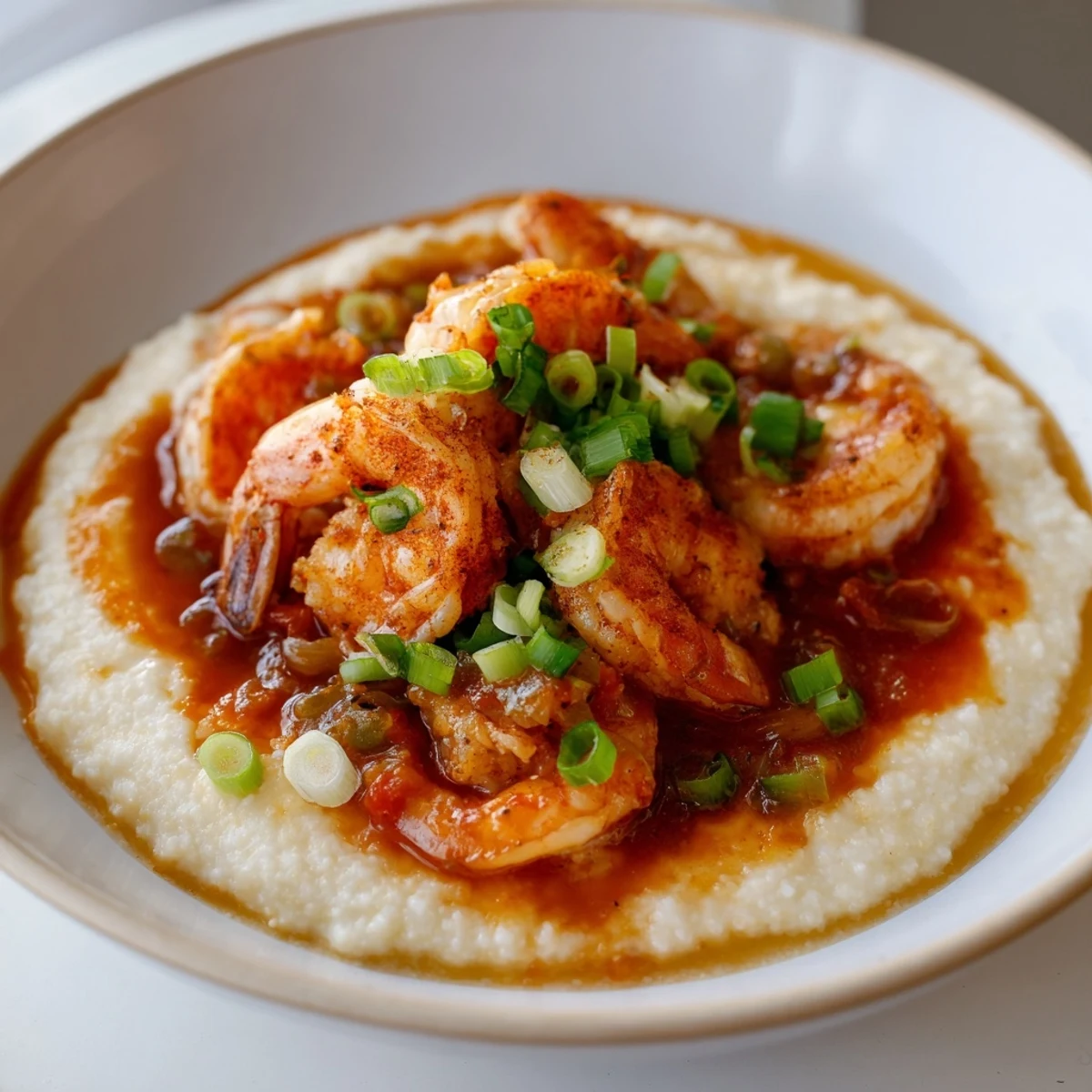Close-up of succulent shrimp and rich tomato gravy ladled over a bed of creamy grits, a classic Southern comfort food.