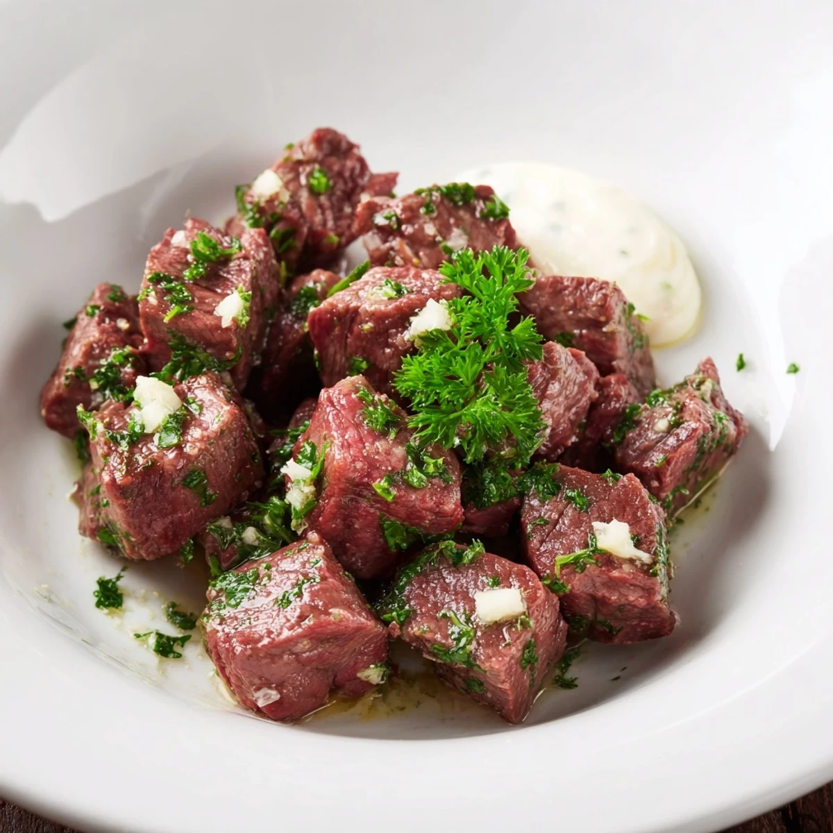 Sizzling Garlic Butter Steak Bites with Horseradish sauce served hot, garnished with fresh parsley for a flavorful appetizer.