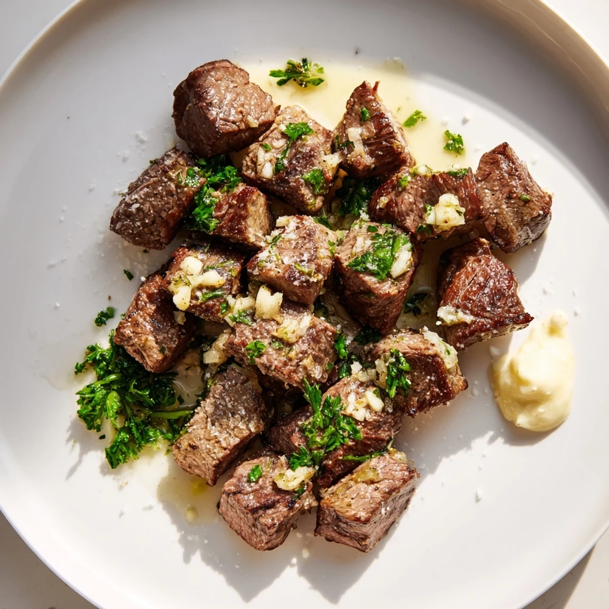 Golden Garlic Butter Steak Bites with Horseradish dipping sauce, garnished with parsley for a delicious gluten-free meal.