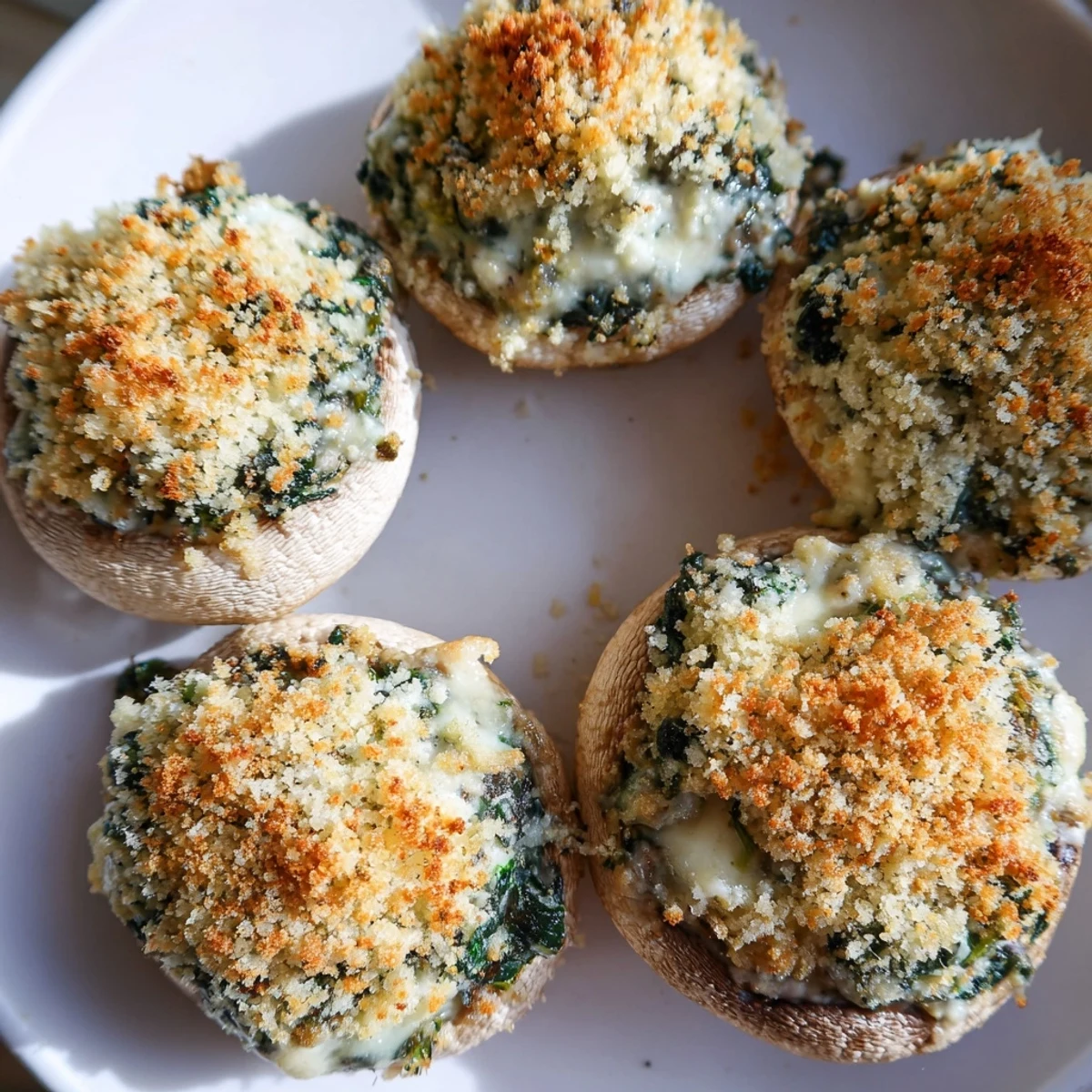 Golden-baked Vegetarian Stuffed Mushrooms filled with creamy spinach and melted Parmesan, served warm as an elegant appetizer.