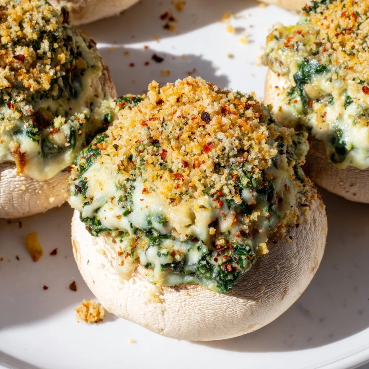 Savory Vegetarian Stuffed Mushrooms topped with crunchy breadcrumbs and cheese, ready to serve at a festive party platter.