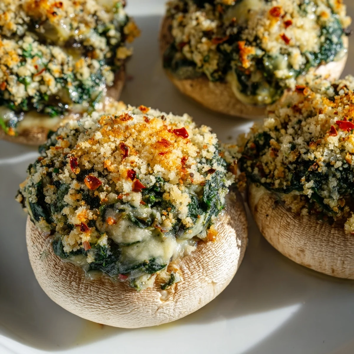 Freshly roasted Vegetarian Stuffed Mushrooms with garlic spinach filling, presented on a rustic wooden board for a cozy dinner.