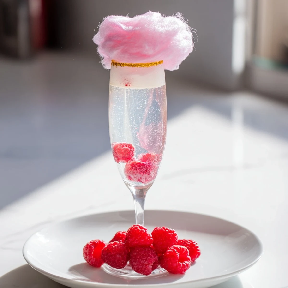 Frothy pink champagne mocktail topped with fluffy cotton candy and fresh raspberries, served in a sparkling flute.