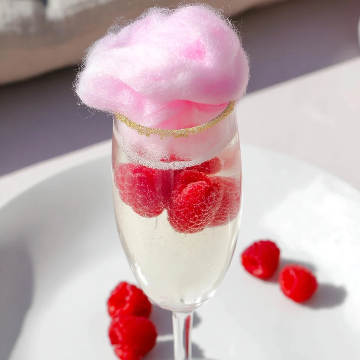 Sweet, non-alcoholic pink champagne mocktail garnished with strawberries and cotton candy, perfect for festive celebrations.