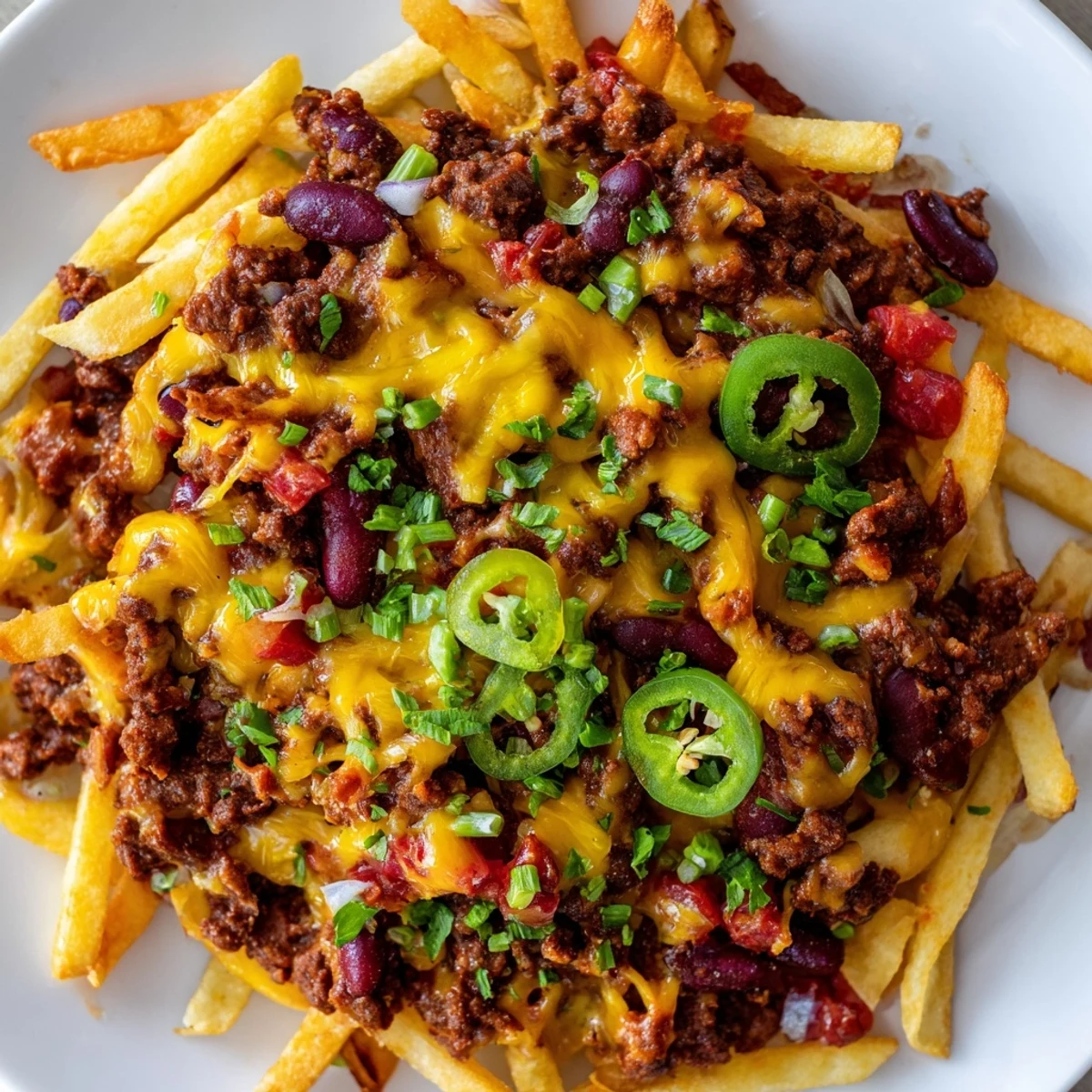 Crispy golden fries loaded with hearty beef chili and melted cheddar cheese, served hot for game day gatherings.
