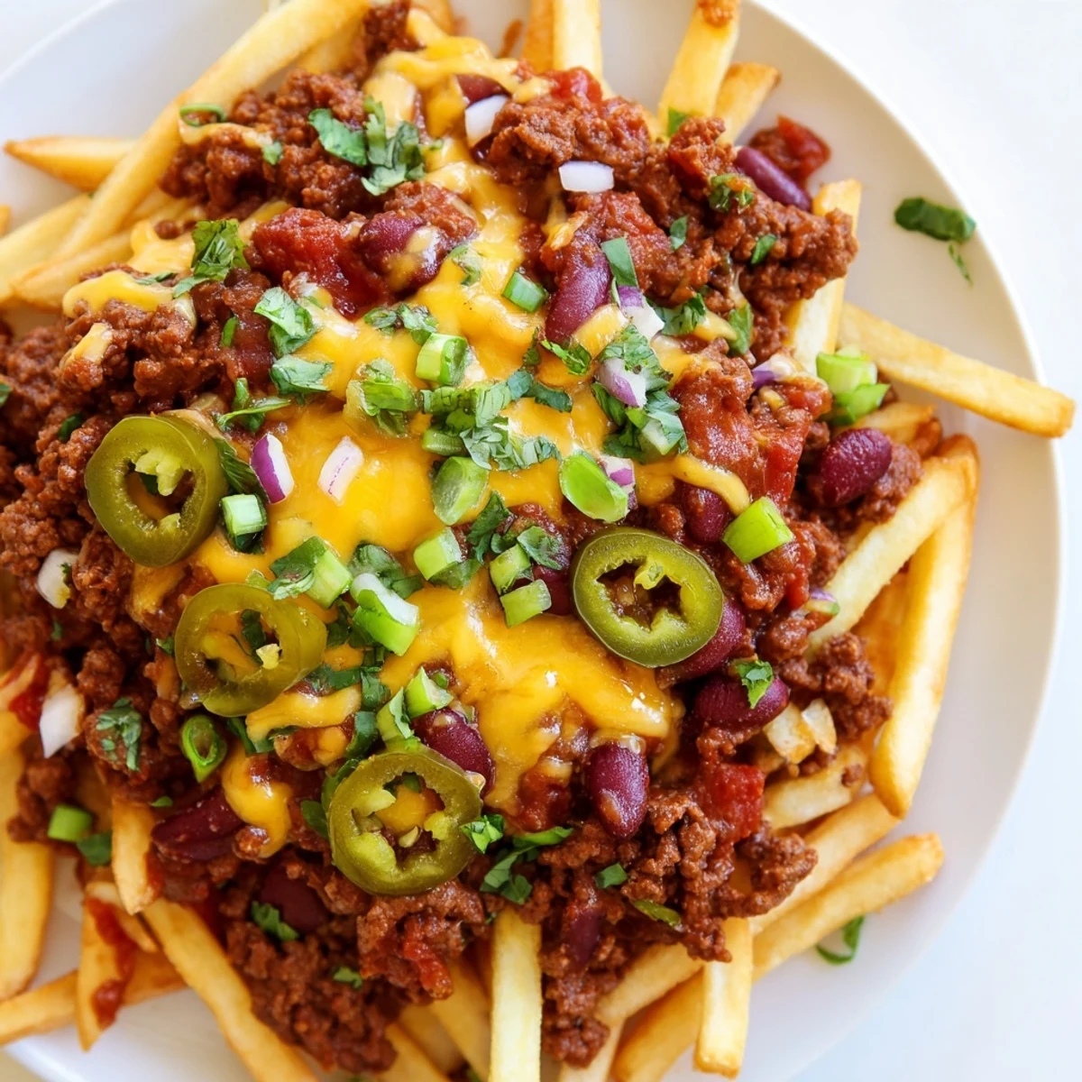 Melted sharp cheddar blankets golden fries topped with bold beef chili, ready for sharing at a Super Bowl party.
