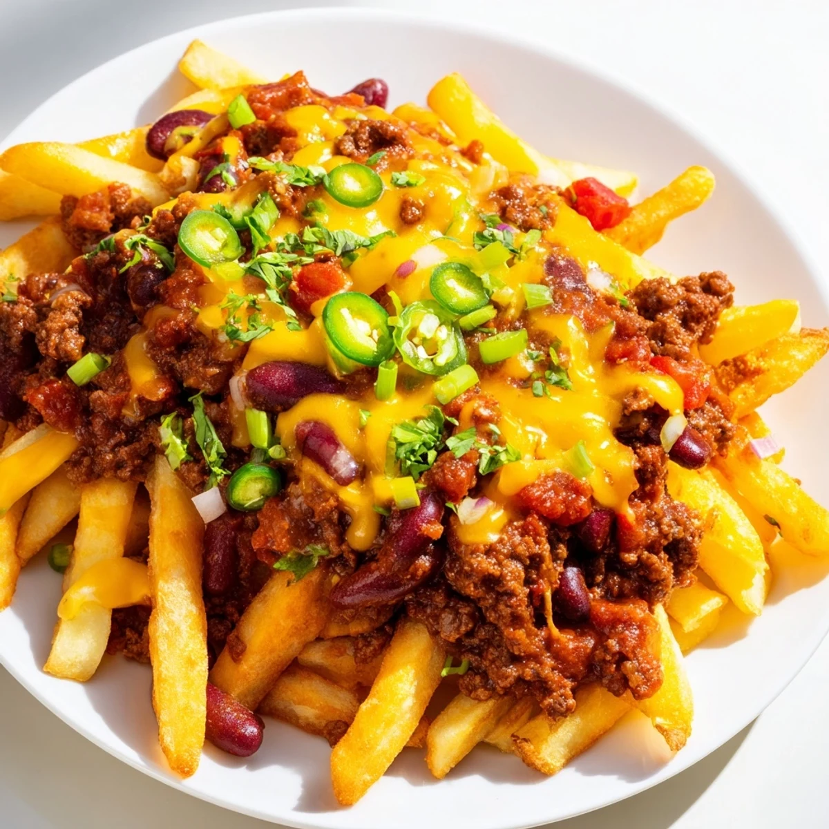 Steam rises from a skillet of savory beef chili, spooned generously over baked fries for a satisfying meal.