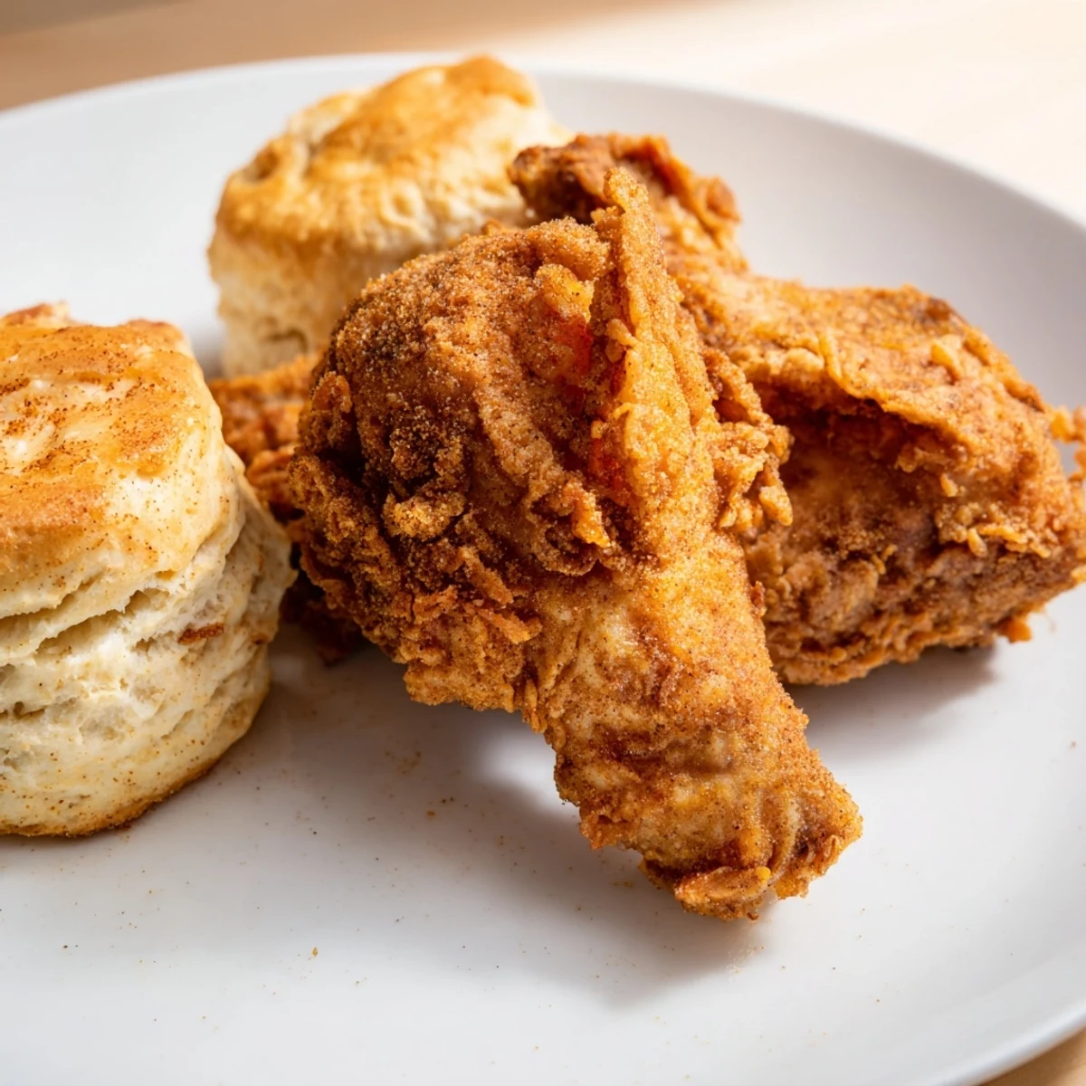 Golden-brown Southern Fried Chicken with Buttermilk Biscuits served hot on a rustic plate, drizzled with honey.  