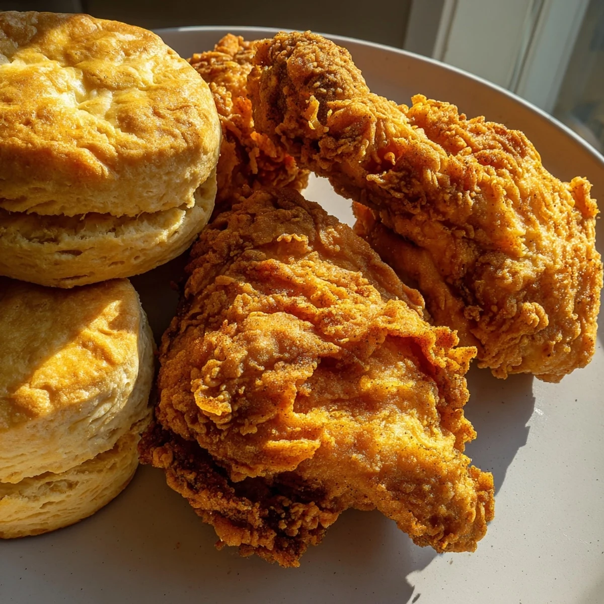 Close-up of crispy Southern Fried Chicken beside flaky, golden Buttermilk Biscuits on a checkered tablecloth.  