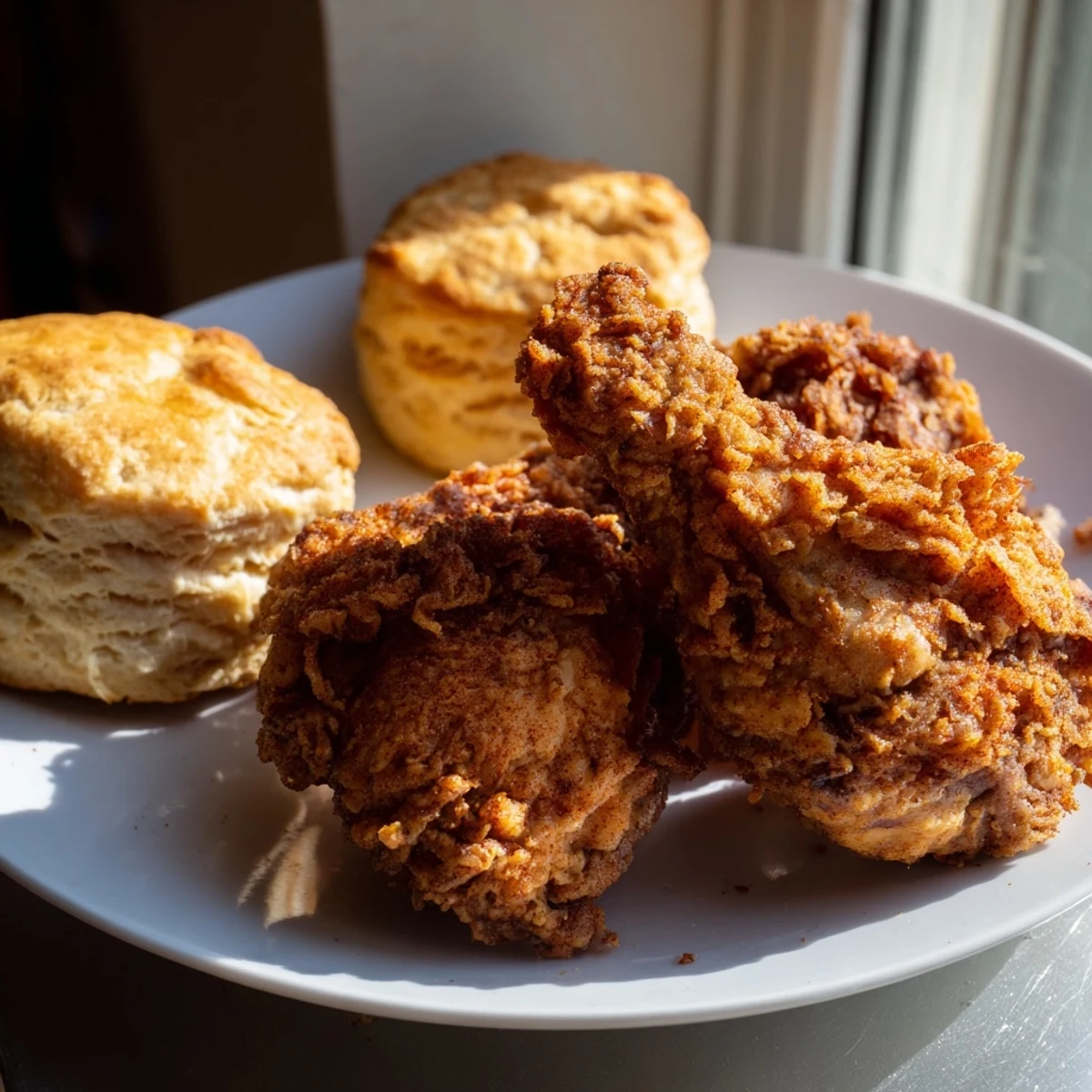 Hearty Southern Fried Chicken with Buttermilk Biscuits, perfect for a comforting family dinner plate.