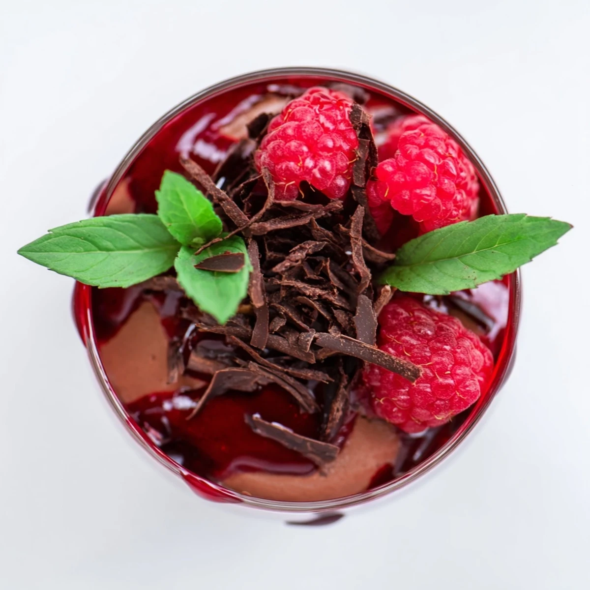 Rich, airy Chocolate Mousse with Raspberry Coulis in a glass, topped with fresh berries and chocolate shavings.