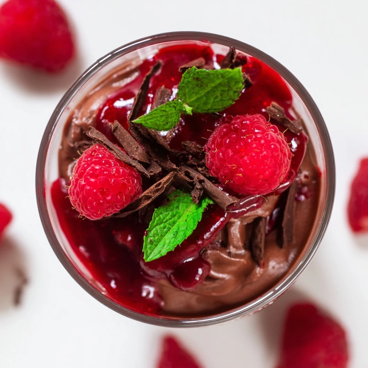 Layered Chocolate Mousse with Raspberry Coulis in a coupe glass, drizzled with red sauce and mint garnish.