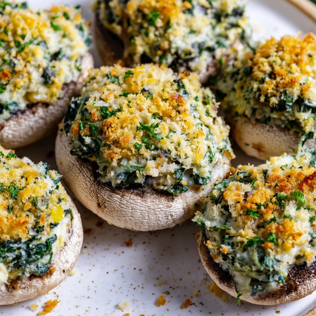 Close-up of Vegetarian Stuffed Mushrooms with Spinach and Cheese, their savory filling bubbling with golden, melted cheese toppings.  
