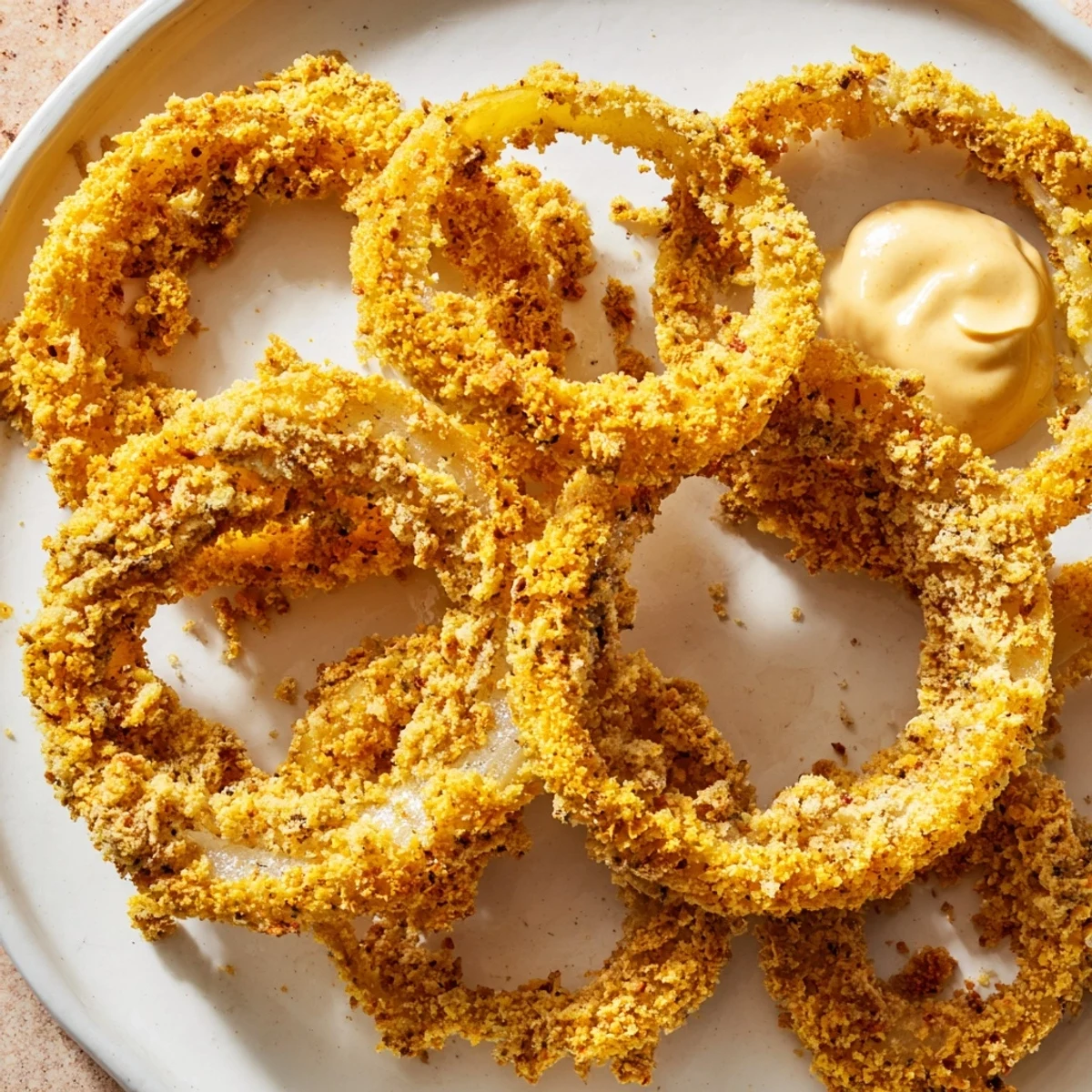 Crispy air fryer onion rings with golden breadcrumbs and a side of smoky, spicy chipotle mayo for dipping.  