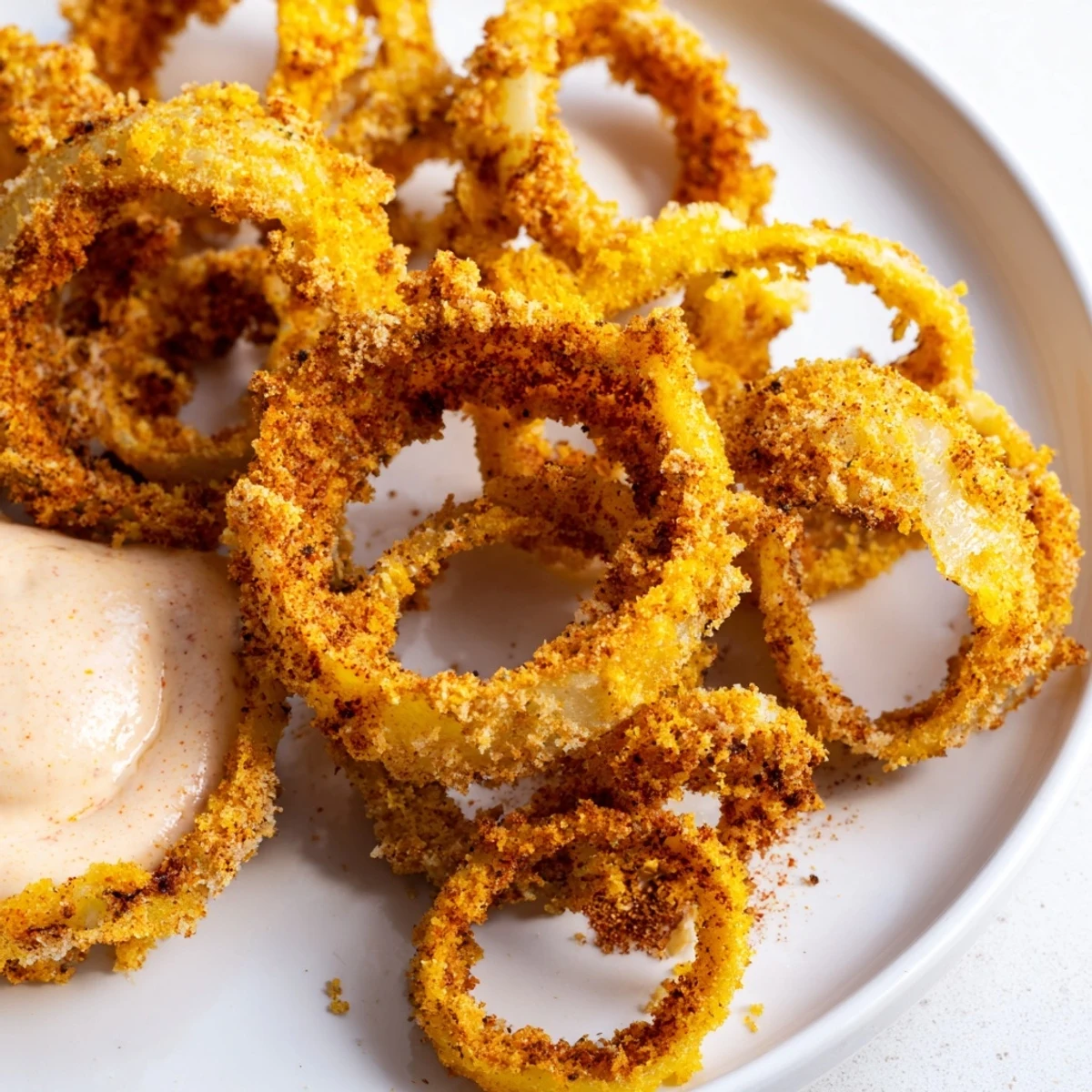 Golden brown onion rings paired with tangy chipotle mayo, a perfect vegetarian appetizer for game day snacking.