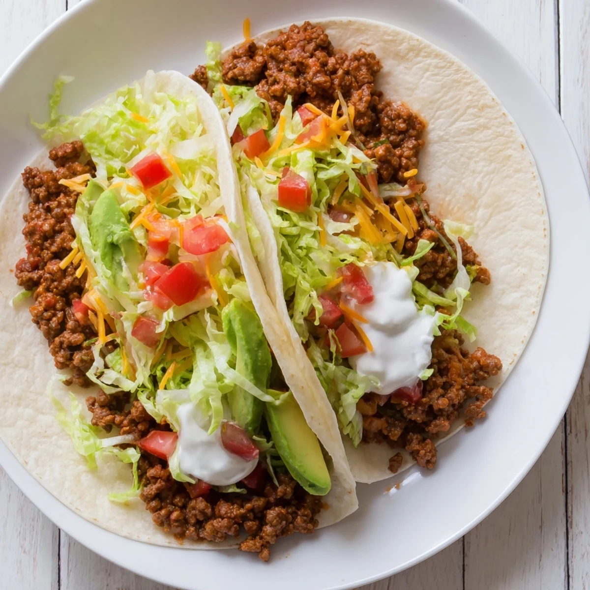 Hearty homemade beef tacos with vibrant taco seasoning, juicy meat, and crisp toppings on soft flour tortillas, ready for dinner.  