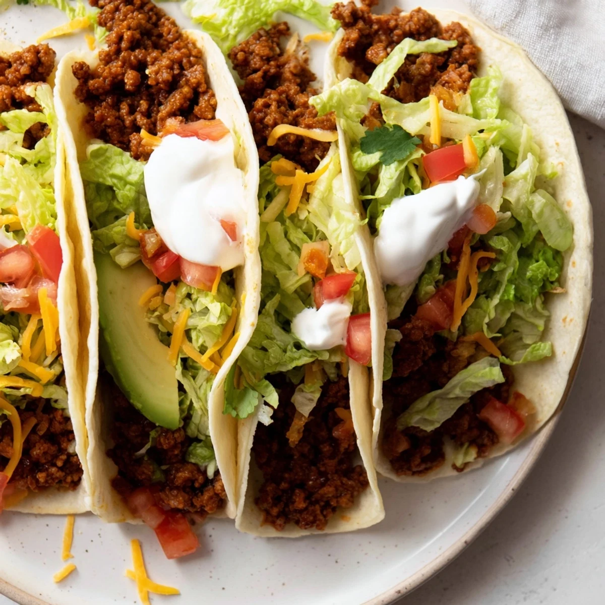 Two warm beef tacos filled with seasoned ground beef, topped with lettuce, tomatoes, cheese, and fresh cilantro, served with lime wedges.  