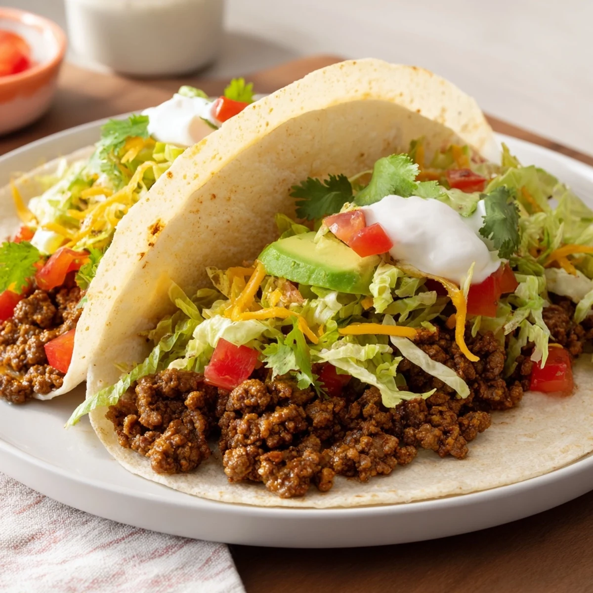 Classic beef tacos featuring flavorful ground beef, homemade seasoning, and fresh garnishes like avocado, cheese, and sour cream.