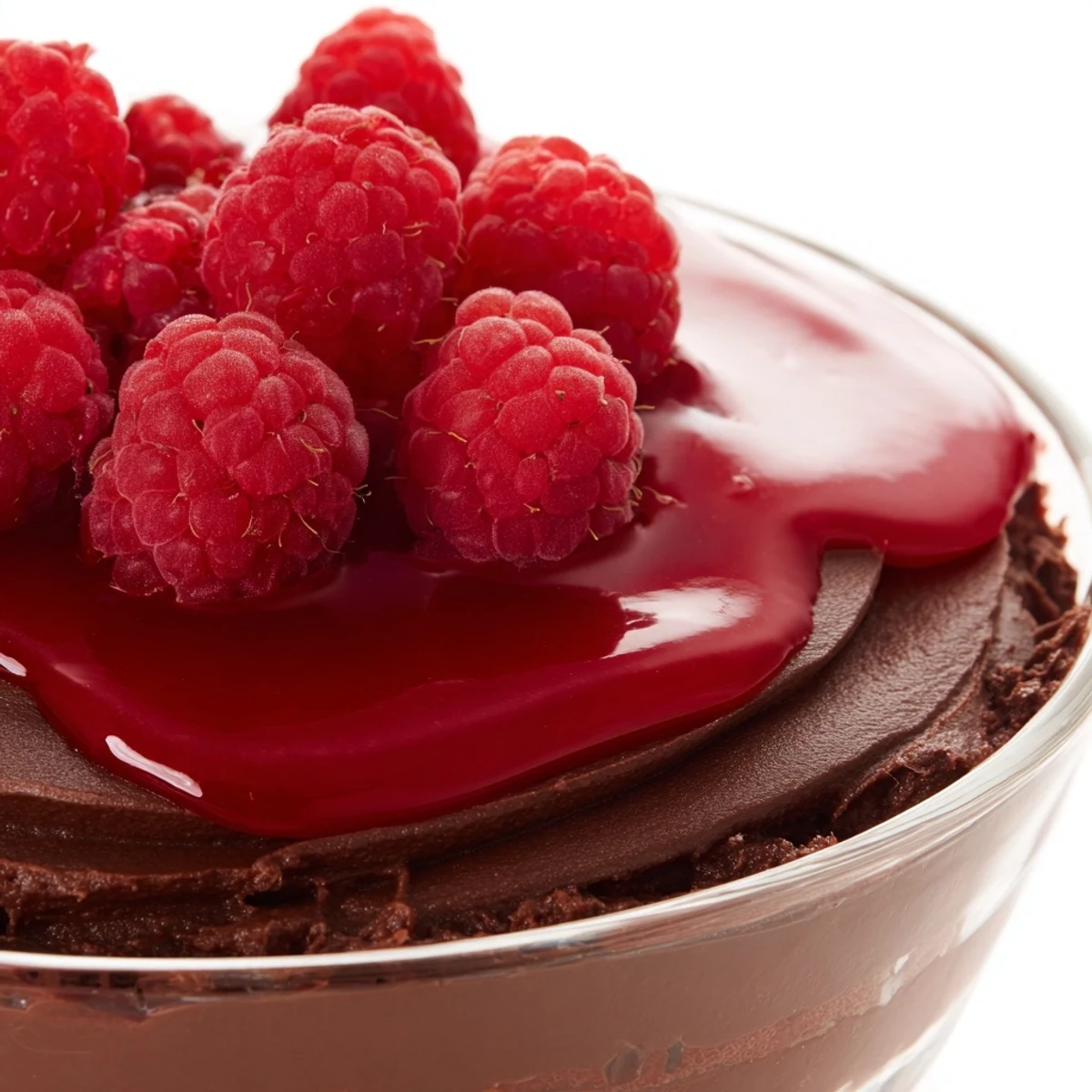Velvety chocolate mousse with fresh raspberry coulis garnished with raspberries and mint in clear glasses.  