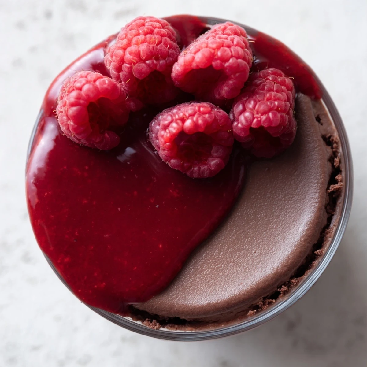 Rich chocolate mousse topped with vibrant raspberry coulis, a perfect French dessert for special occasions.  