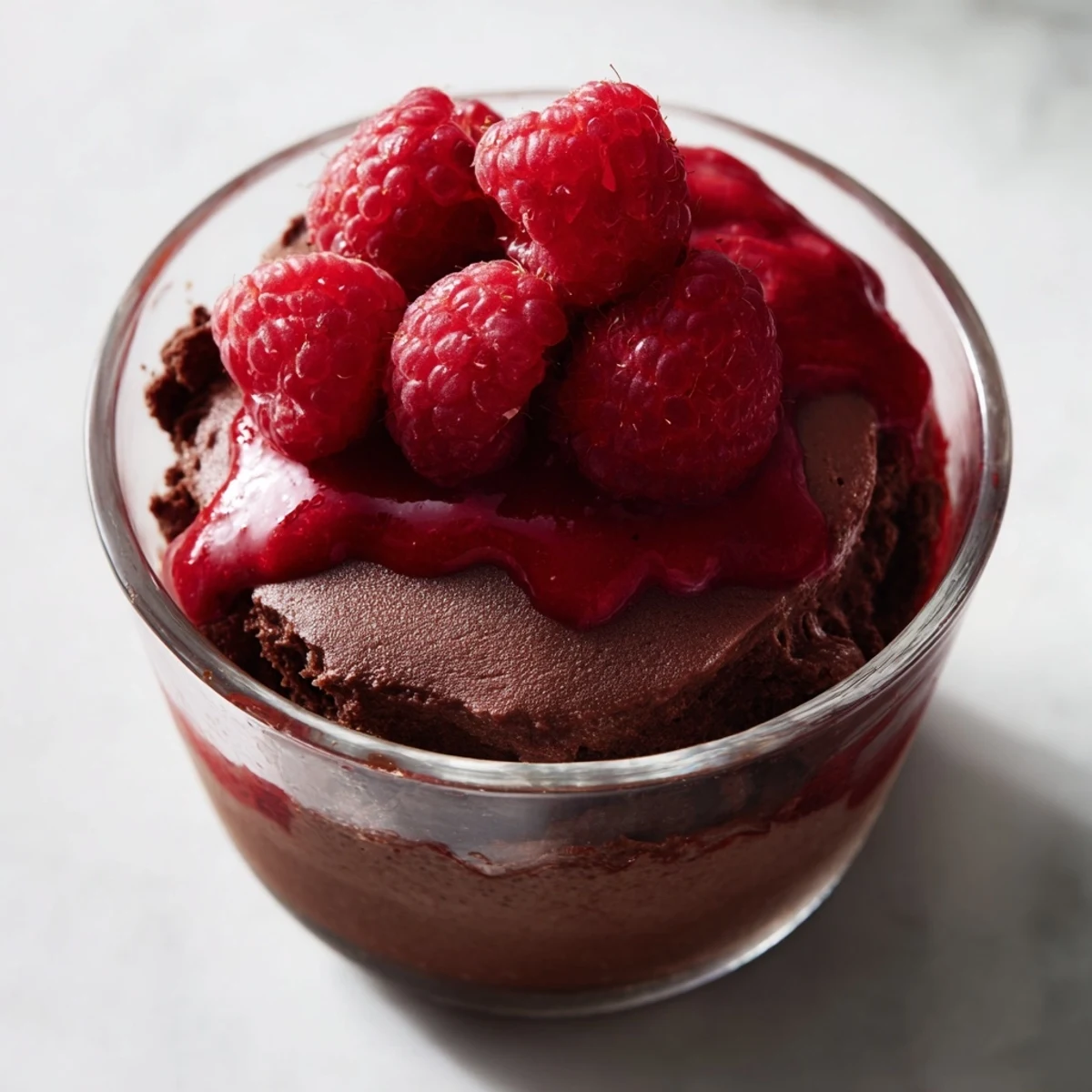 Decadent chocolate mousse with tangy raspberry coulis, garnished with fresh berries for a vibrant finish.