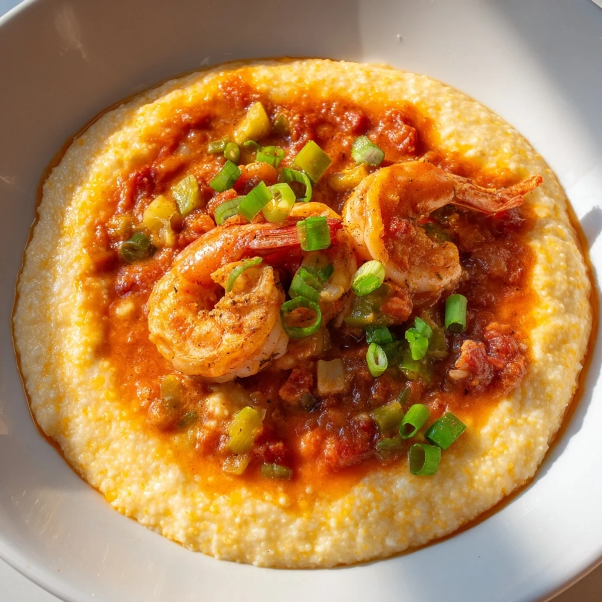 Creamy stone-ground grits topped with succulent Creole shrimp and a vibrant spicy tomato gravy in a rustic bowl.  