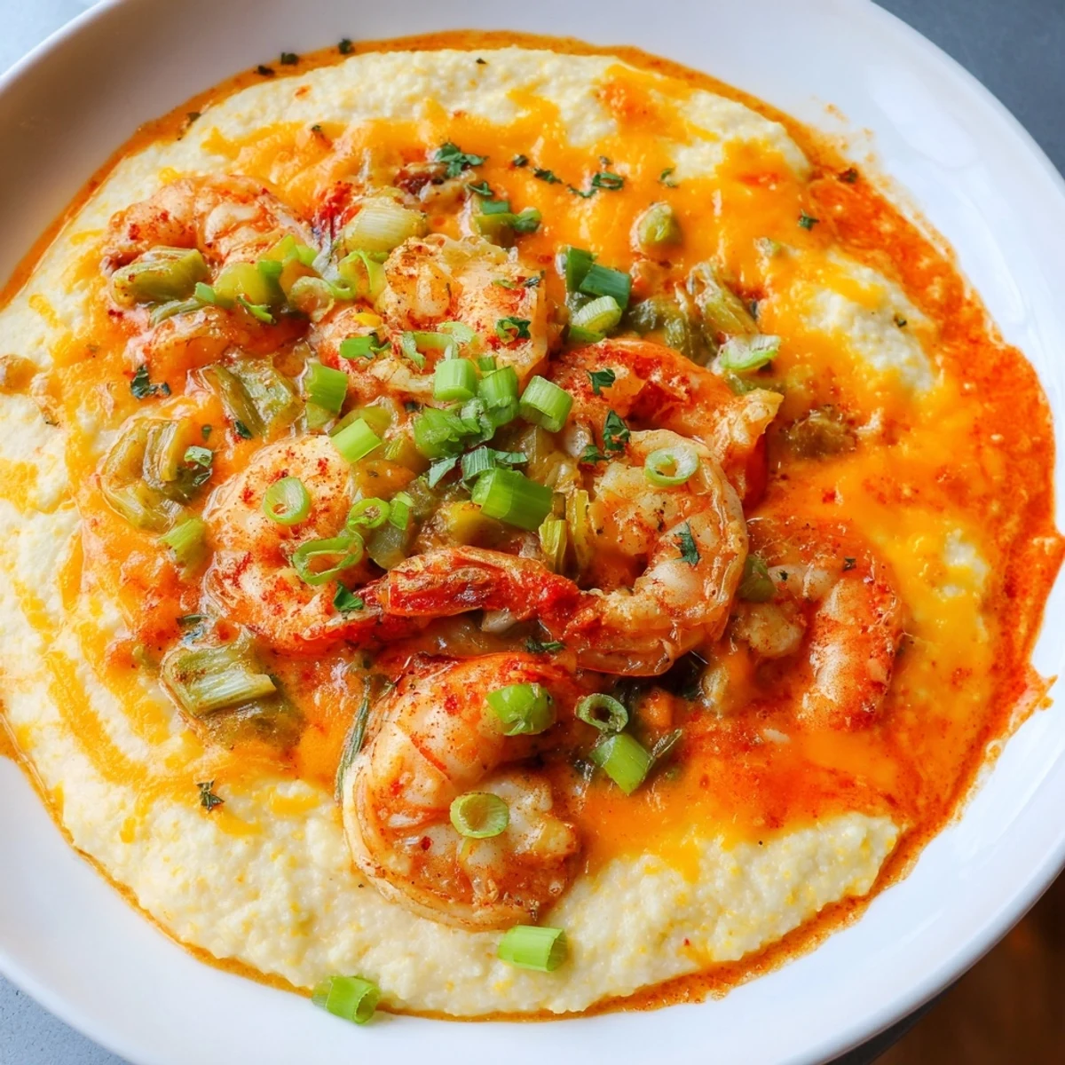 A close-up view of Creole Shrimp and Grits featuring savory shrimp nestled in rich tomato sauce.  