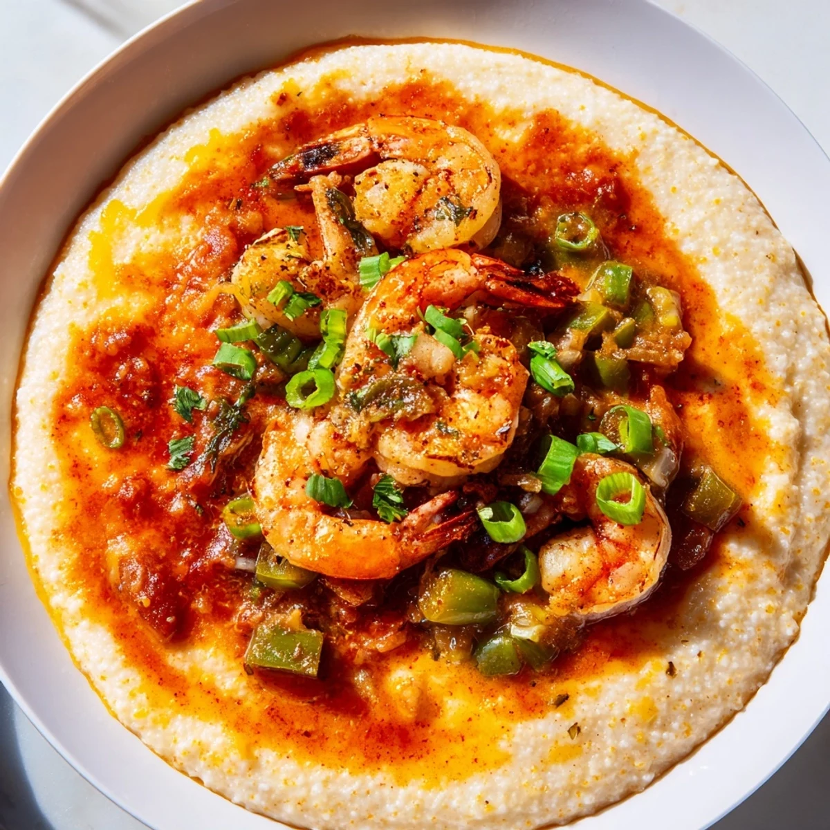 Southern-inspired Creole Shrimp and Grits garnished with green onions and parsley, served in a warm dish.