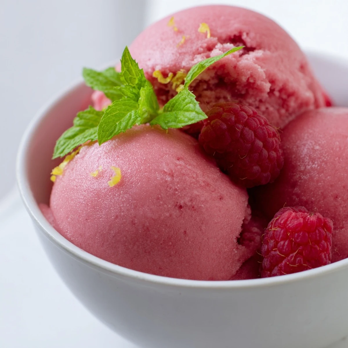 Homemade pink raspberry lemonade sorbet served in a waffle cone on a rustic wooden table.