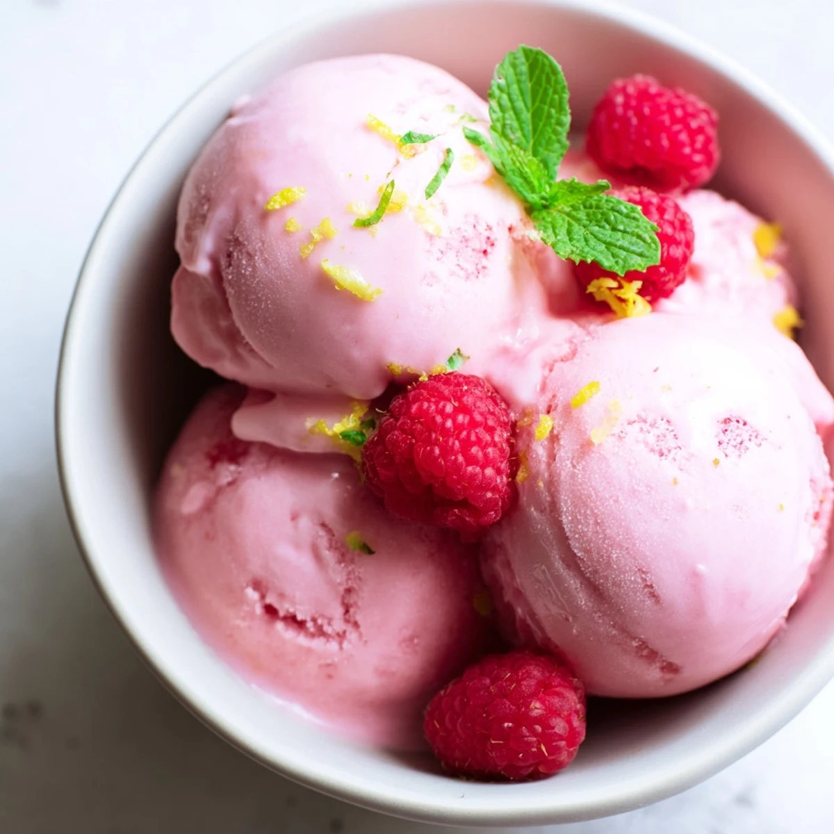 Frozen pink raspberry lemonade sorbet with a smooth texture, next to sliced lemons and fresh raspberries.