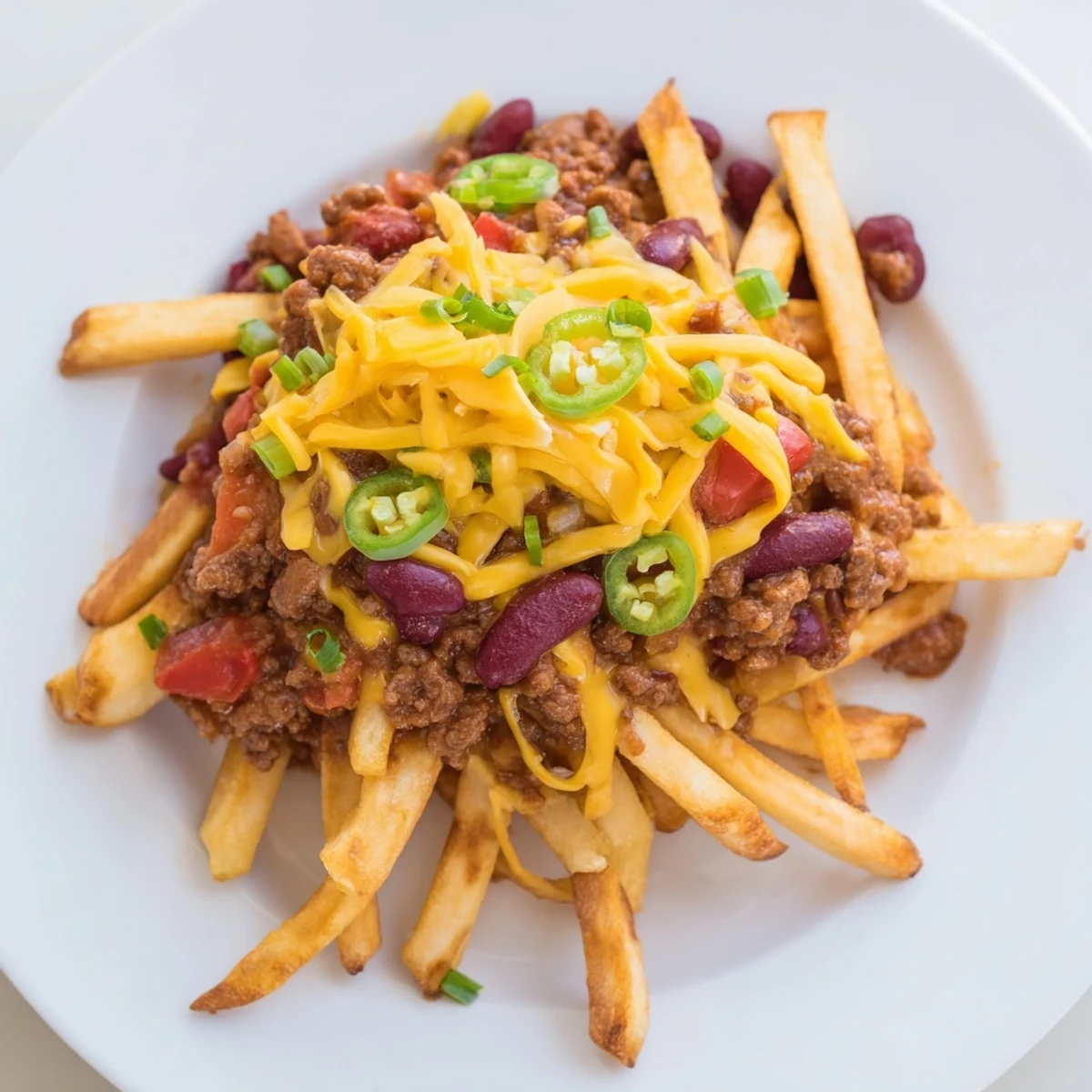 Crispy golden fries loaded with hearty beef chili, melted cheddar cheese, and fresh jalapeños on a serving platter.