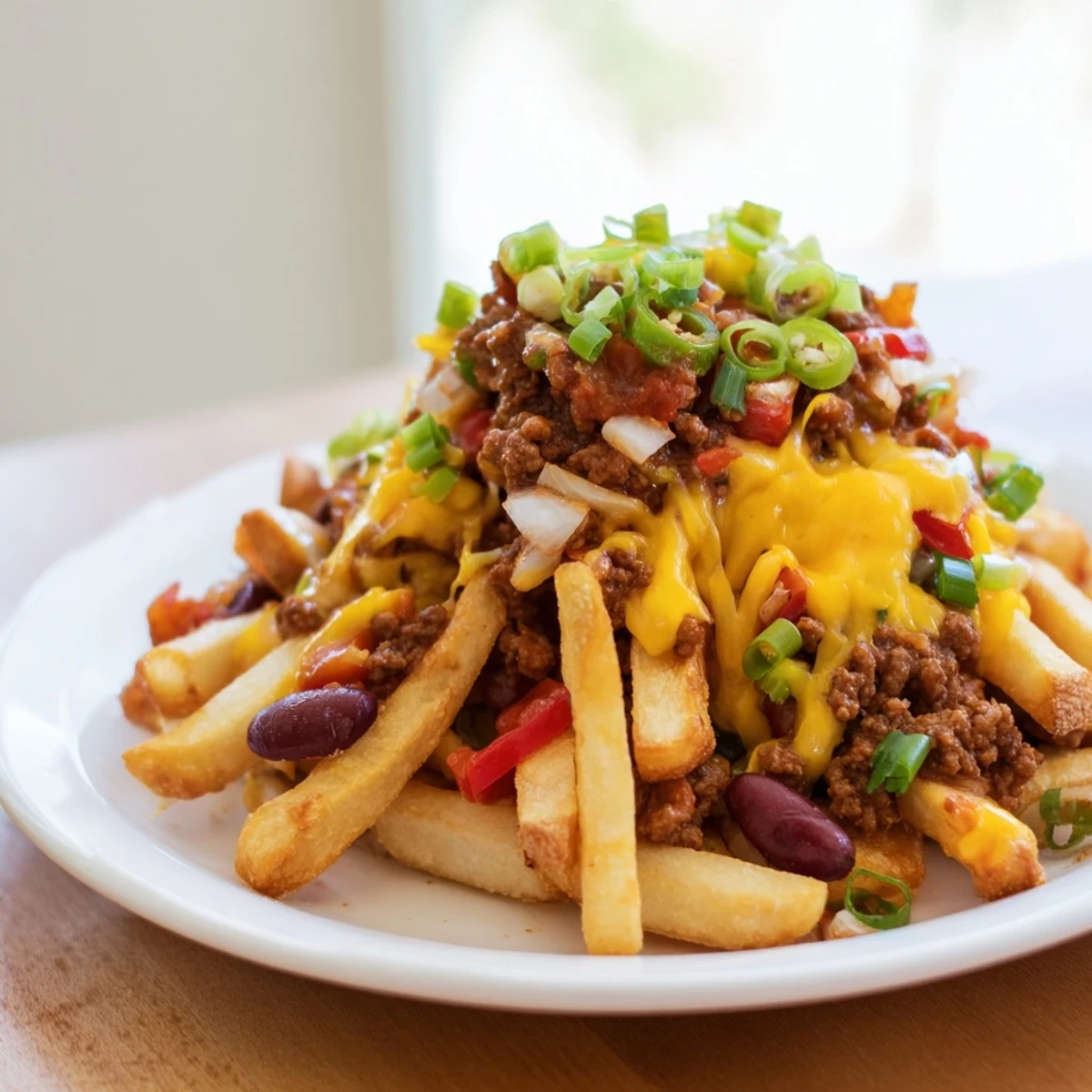 A close-up of Chili Cheese Fries with Ground Beef, topped with sour cream and green onions, served hot.