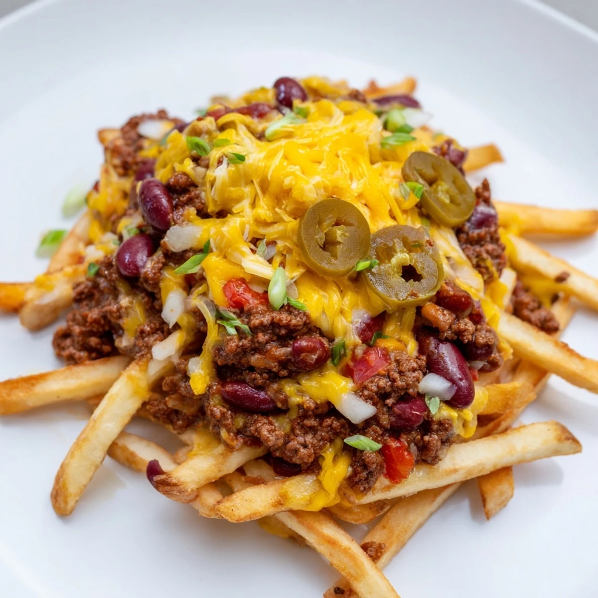 Steaming platter of homemade Chili Cheese Fries featuring golden fries, savory chili, and gooey melted cheddar cheese.