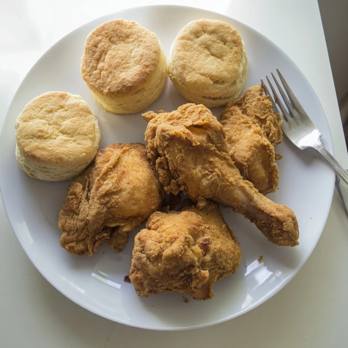 Crispy golden fried chicken thighs rest beside fluffy buttermilk biscuits on a rustic wooden table.