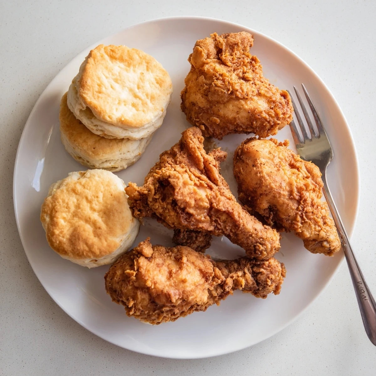 Southern fried chicken with buttermilk biscuits plated on a white dish, garnished with fresh parsley.