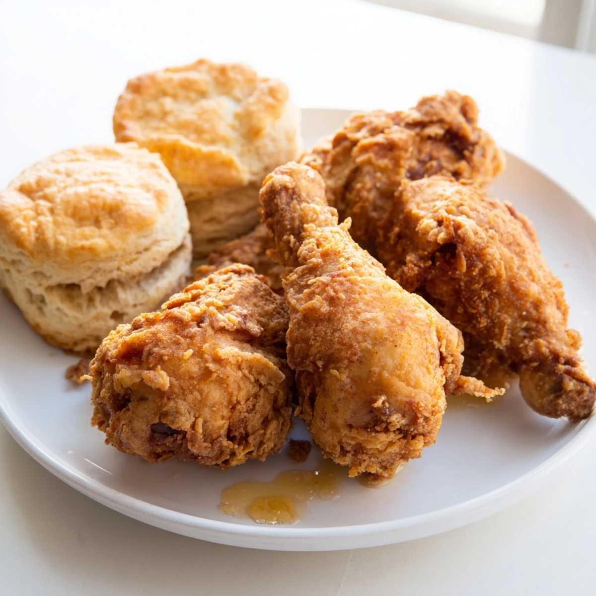 Golden-brown Southern Fried Chicken with Buttermilk Biscuits rests on a rustic platter, steam rising from the juicy, crispy meat and fluffy, buttery biscuits.